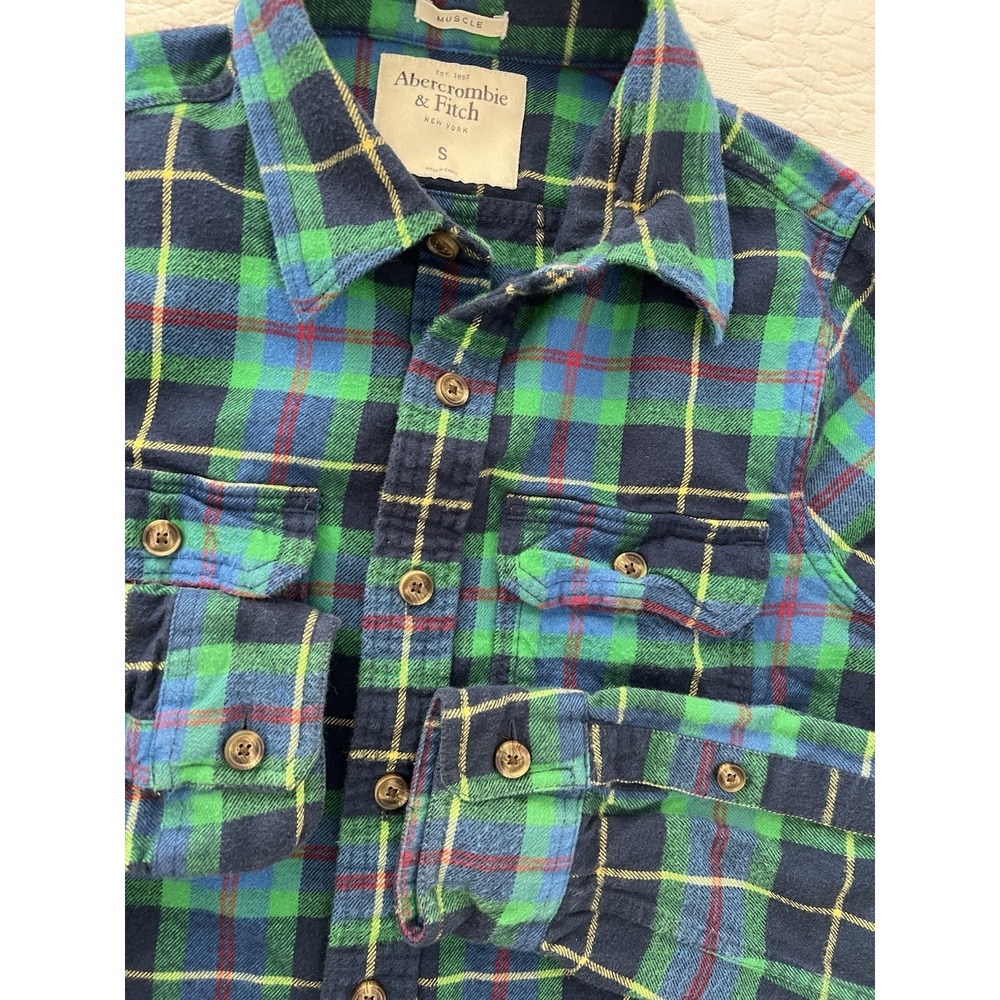 Abercrombie Fitch Muscle Flannel Shirt Mens S Blue Green Plaid 100% Cotton